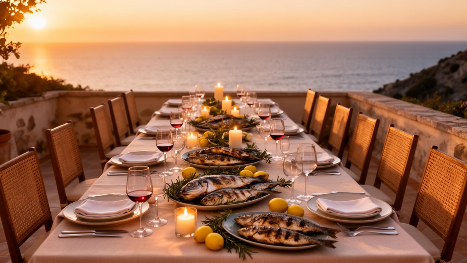 Jantar mediterrâneo ao pôr do sol